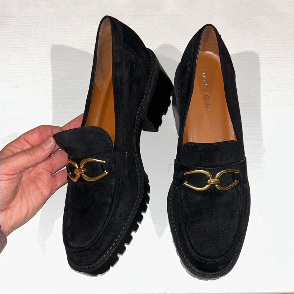 Marc Fisher Black Loafers with Gold Accent